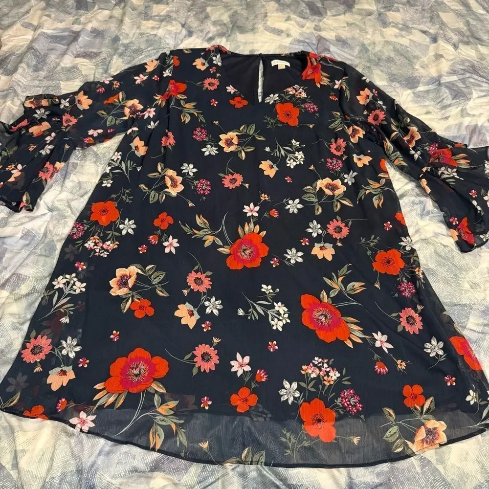 Calvin Klein Plus Size Navy Chiffon 3/4 Sleeve Shift Floral Dress Sz 16W NWOT
